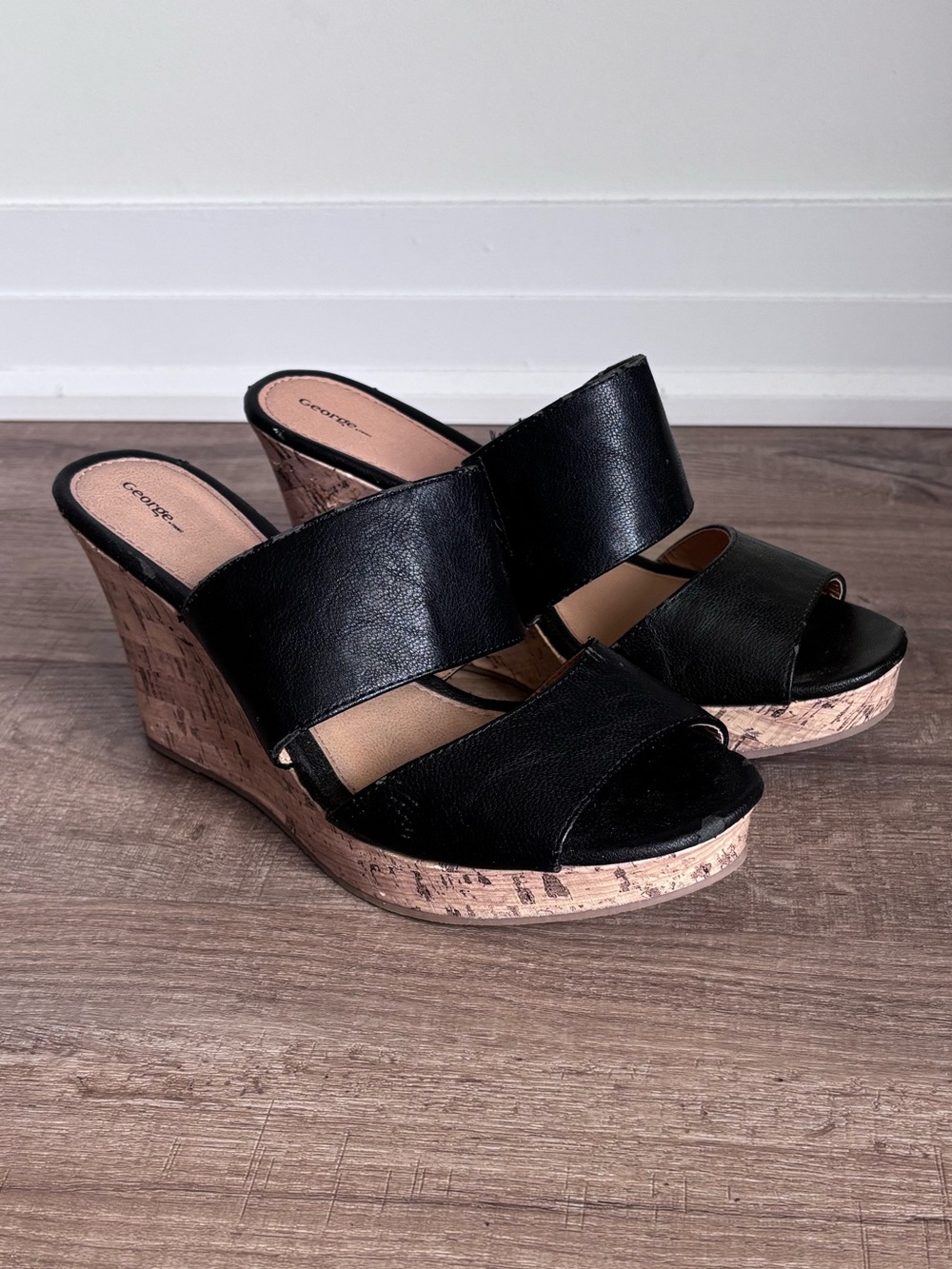 George Black Cork Wedge Sandals 4”